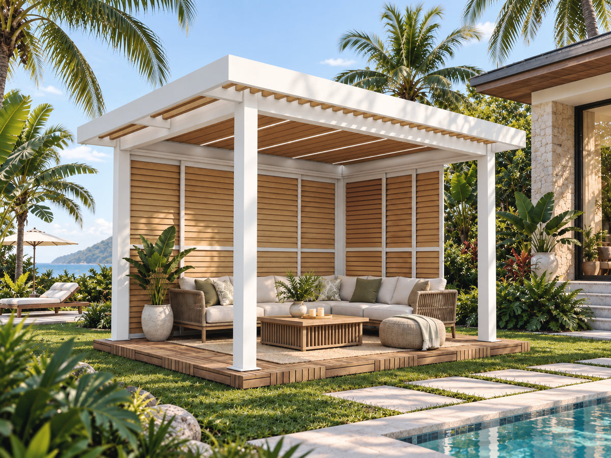 PV Sun Garden (E220) Pergola Timber Blade with White Frame/Body - 4x3x2.7MH