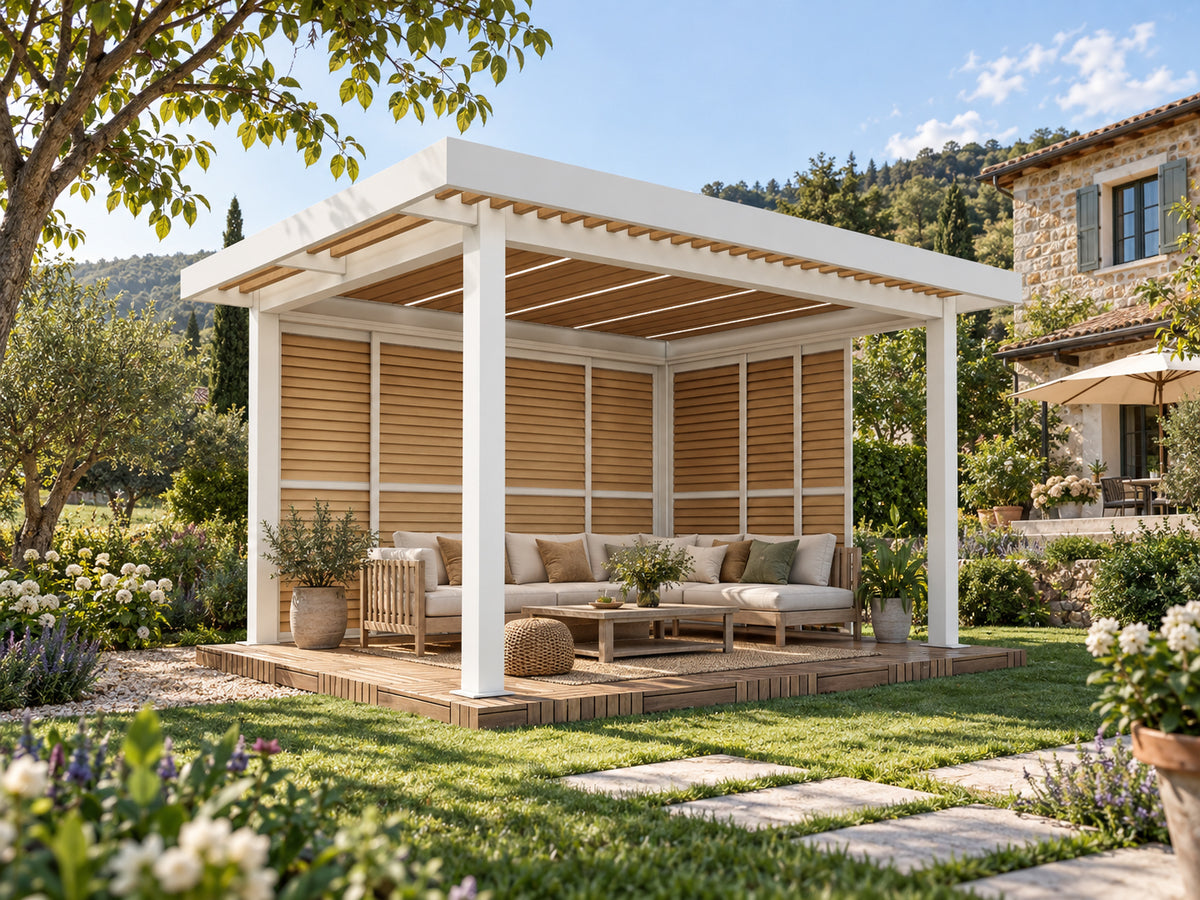 PV Sun Garden (E220) Pergola Timber Blade with White Frame/Body - 4x3x2.7MH