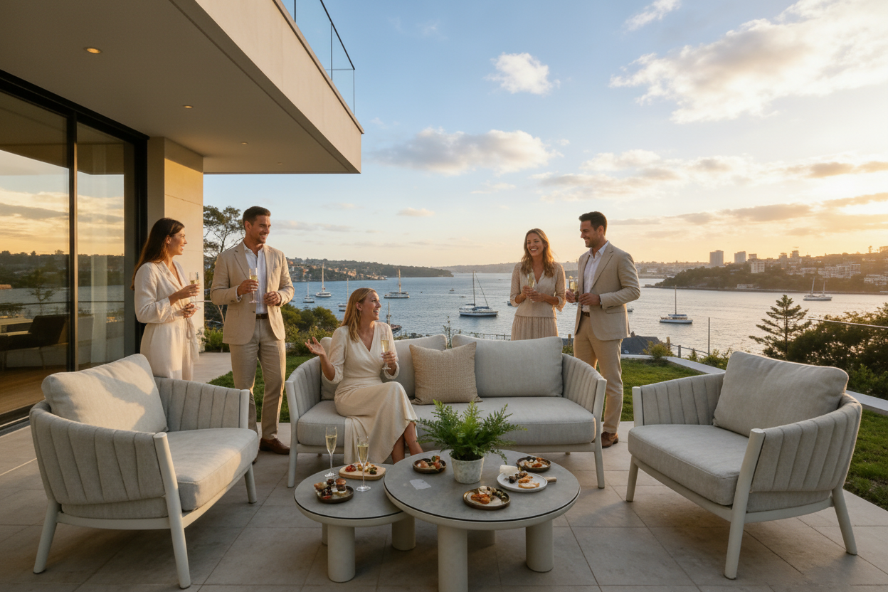 Outdoor patio set with chairs and sofa on a deck overlooking a waterfront view.