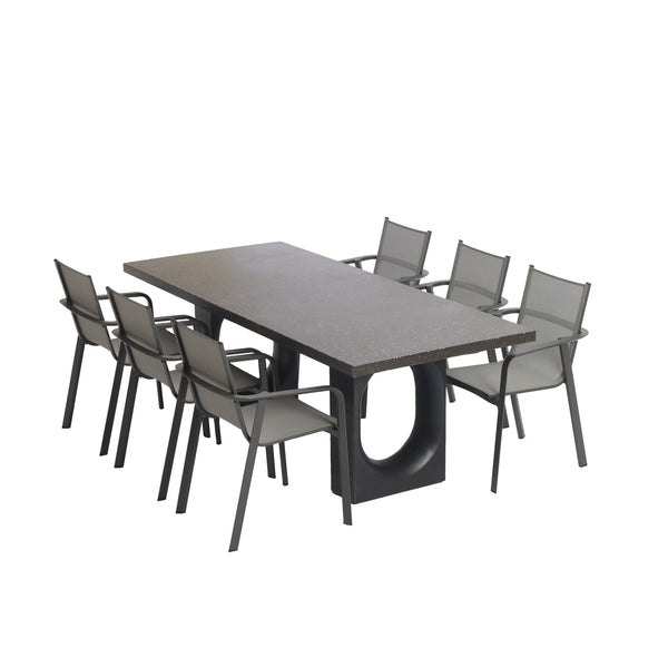Genova 220 Table with Milo Carver Chair 7 Pc Outdoor Dining Setting Black