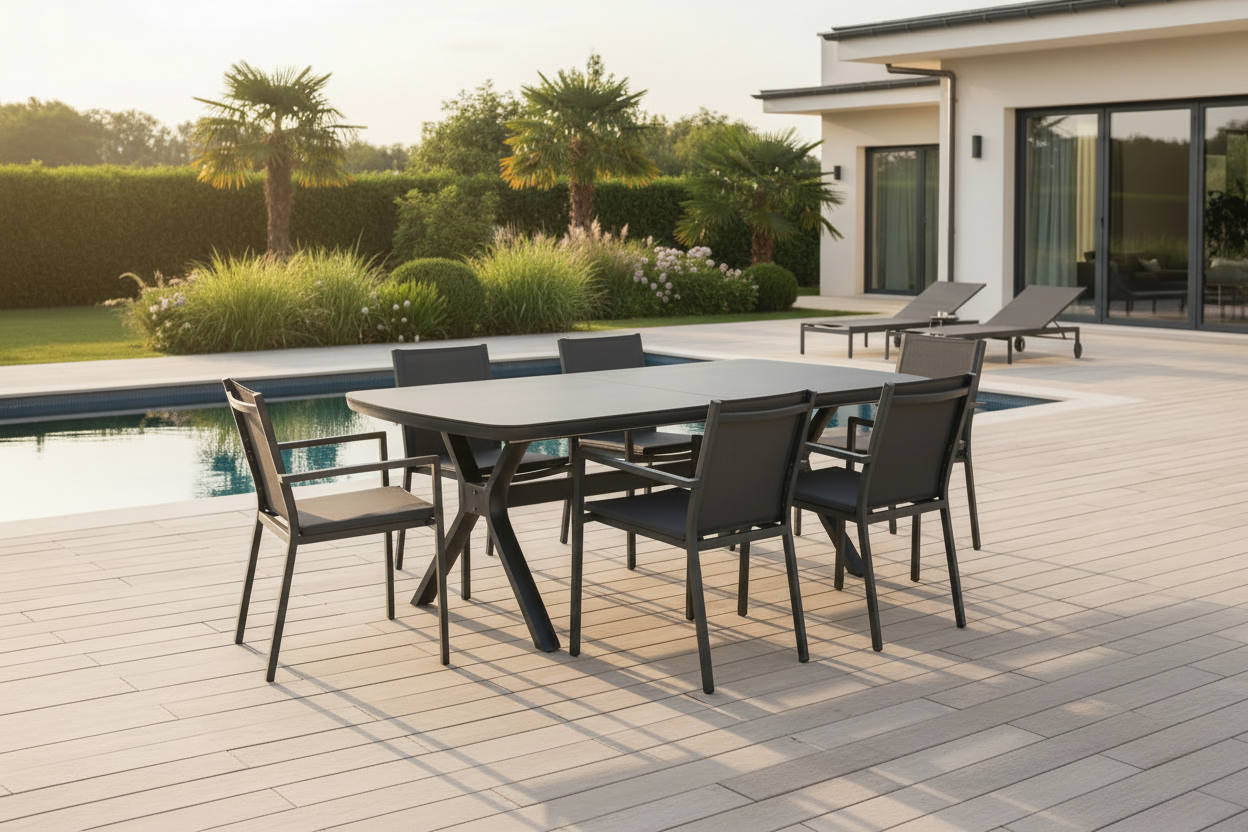 Outdoor dining set with table and chairs on a wooden deck by a poolside.