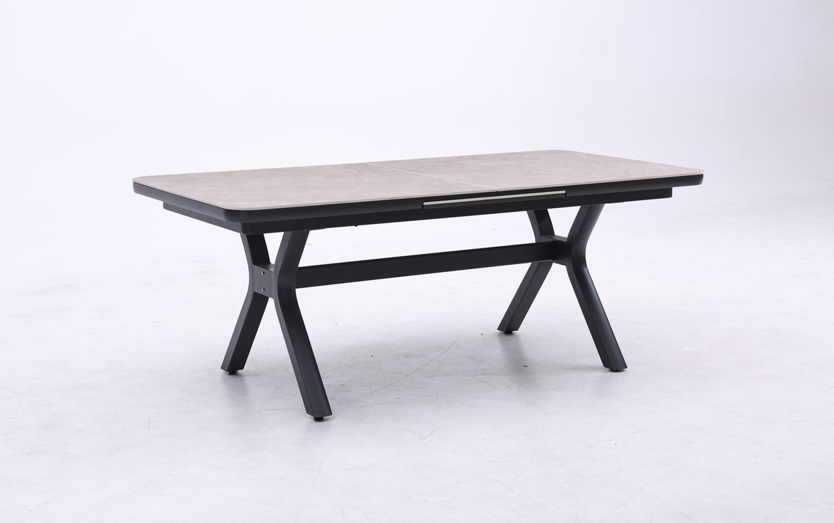 Spain Sandstone Extension Table with Sintered Stone - Charcoal Frame/Tan Marble-look Top