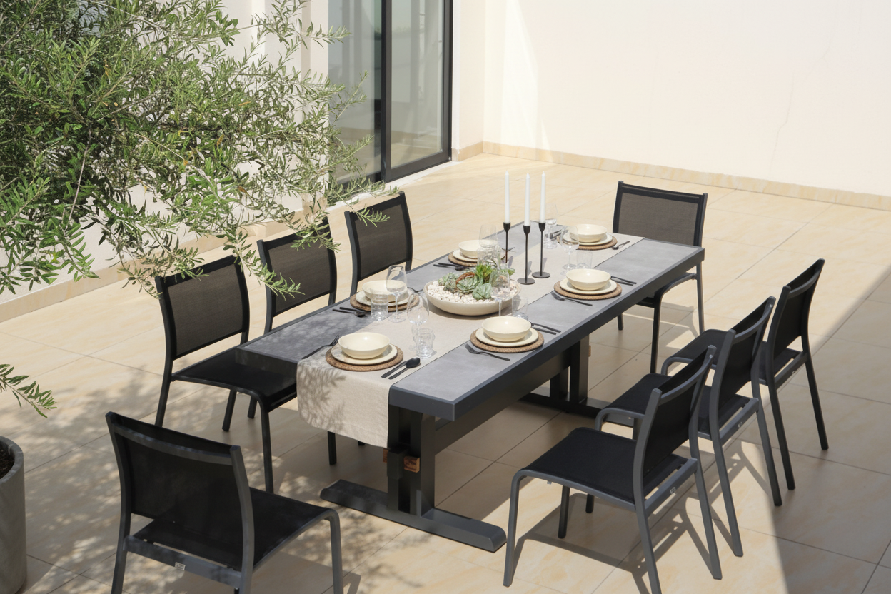 Outdoor dining set with a table and chairs on a patio.