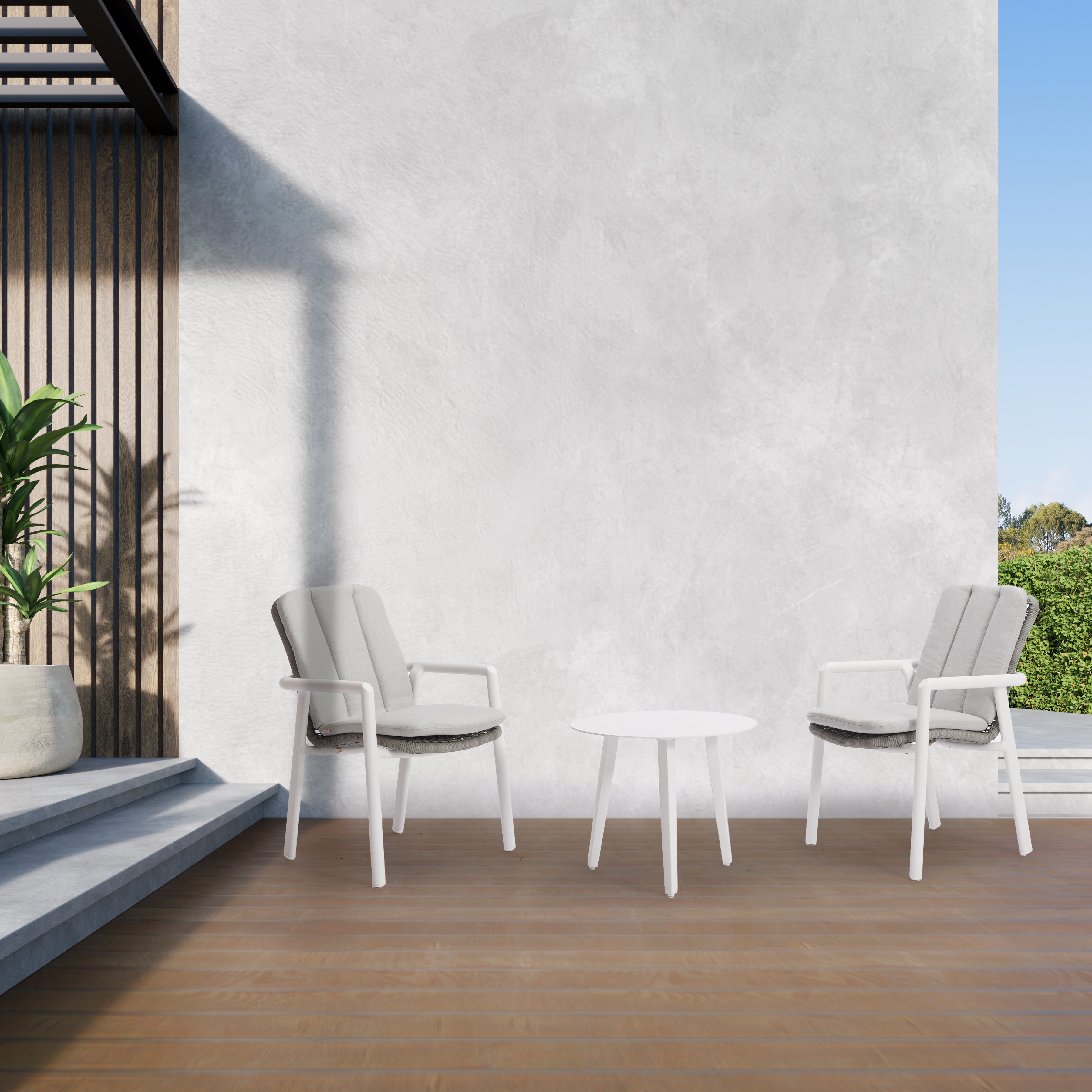 Morocco Carver Chair with Blinca Medium Coffee Table 3 Pc Outdoor Balcony Setting White