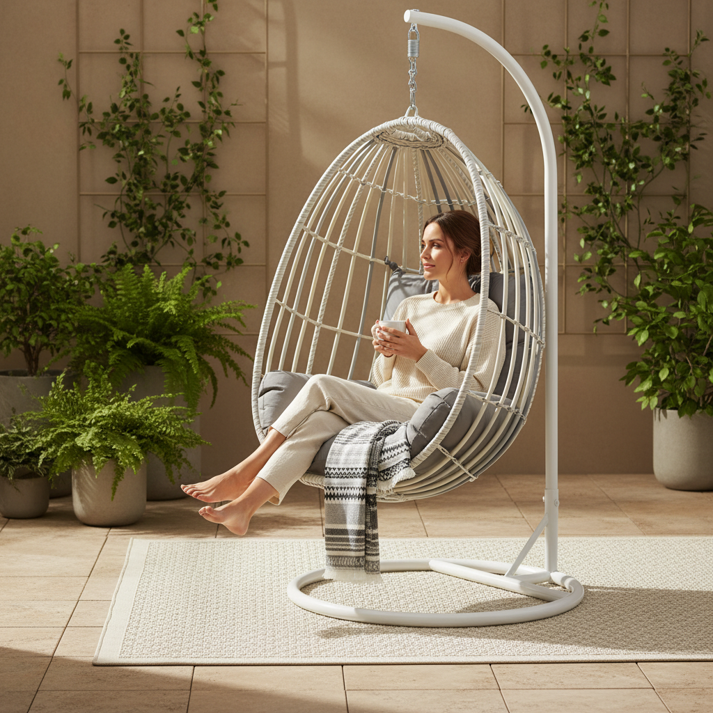 A gray outdoor hanging egg chair with a cushion, made of wicker with a metal frame, displayed against a white background.