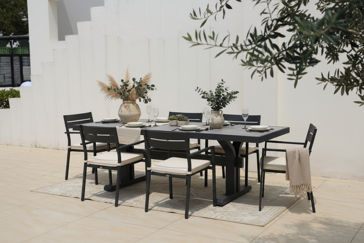 Black outdoor table with a textured surface on a patio