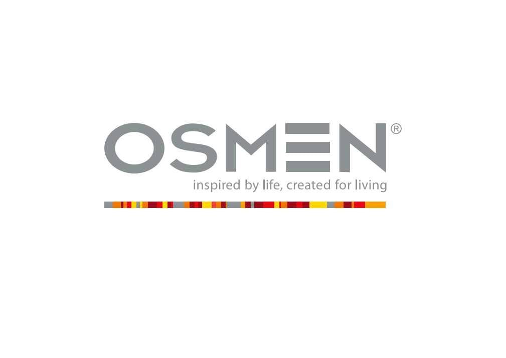 Osmen brand logo centered on a white background, with the wordmark in gray and a short horizontal strip of multicolored accents below.