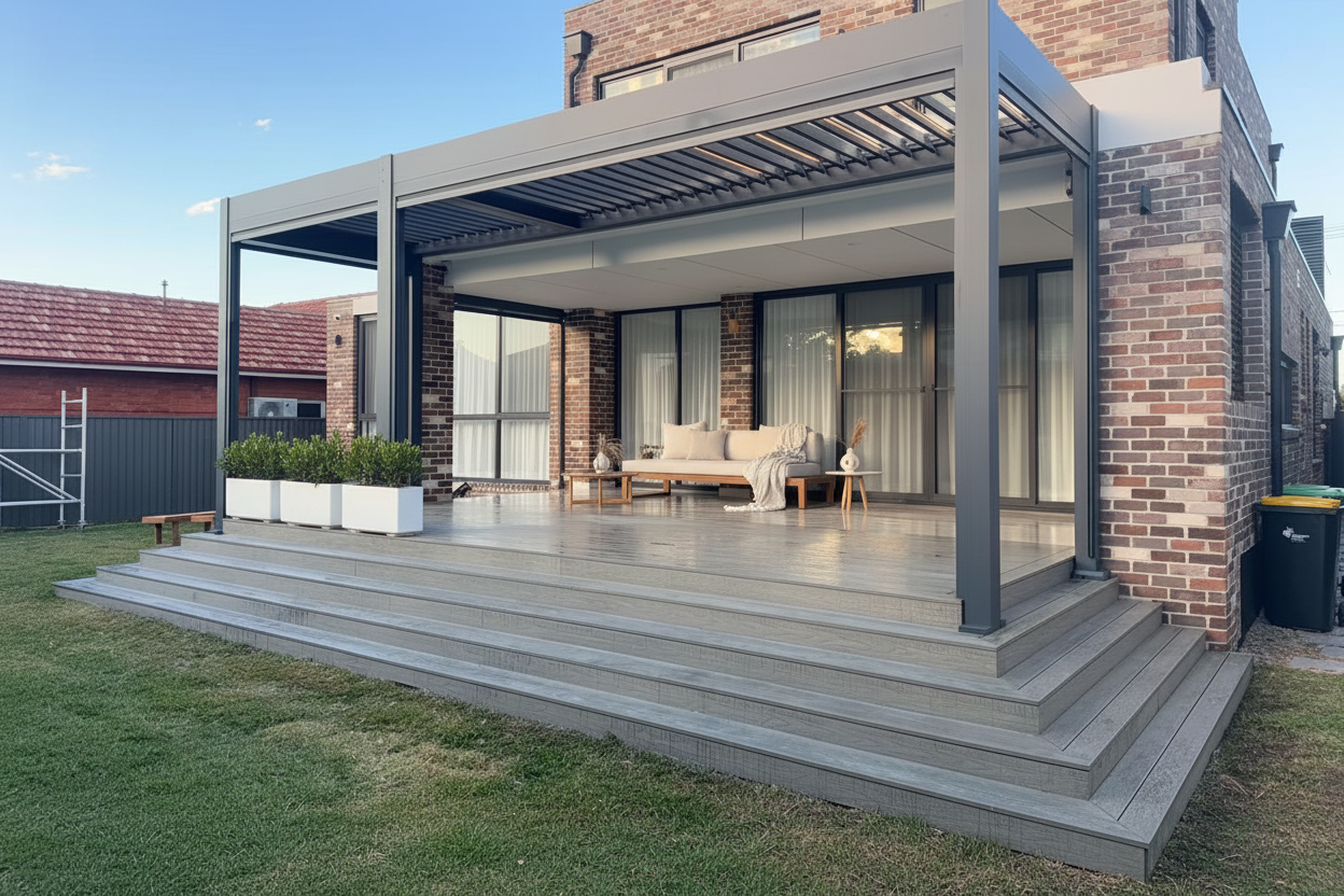 Modern patio extension with glass walls and steps leading to a deck.