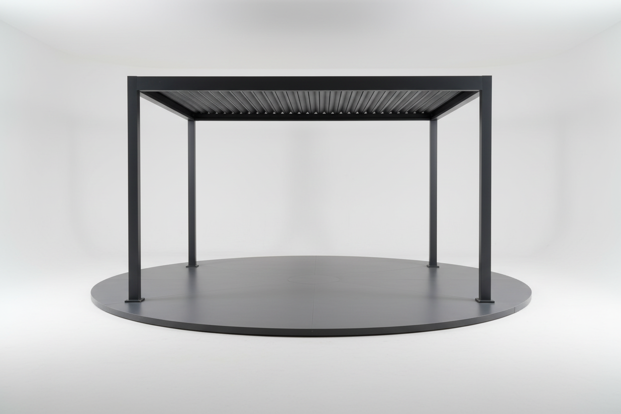 Black metal frame structure in a room with white walls and floor.