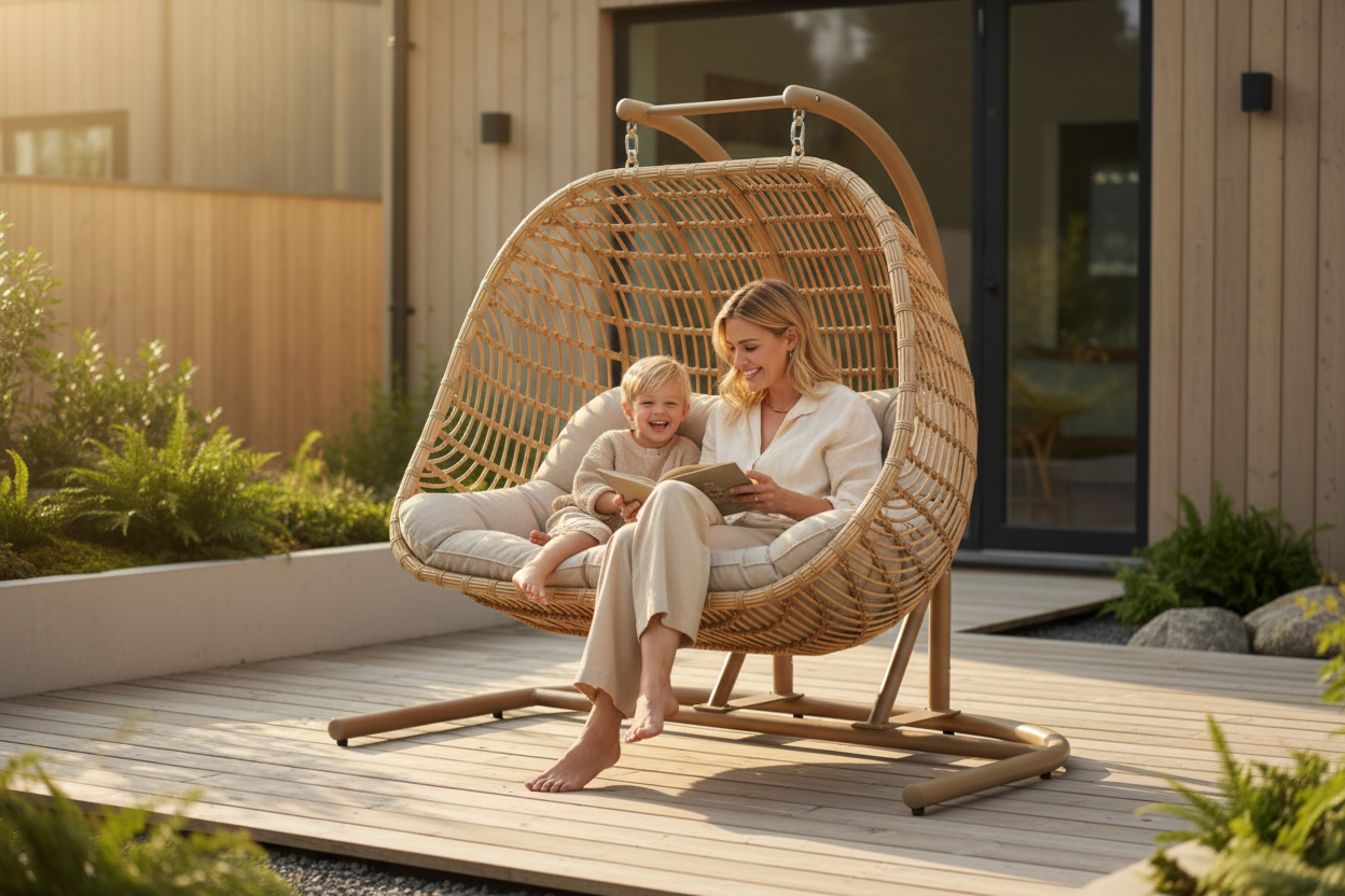 Wicker egg chair with cushion on a gray background