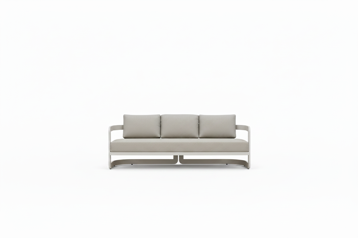 Outdoor furniture set with a sofa, two armchairs, and a coffee table on a white background