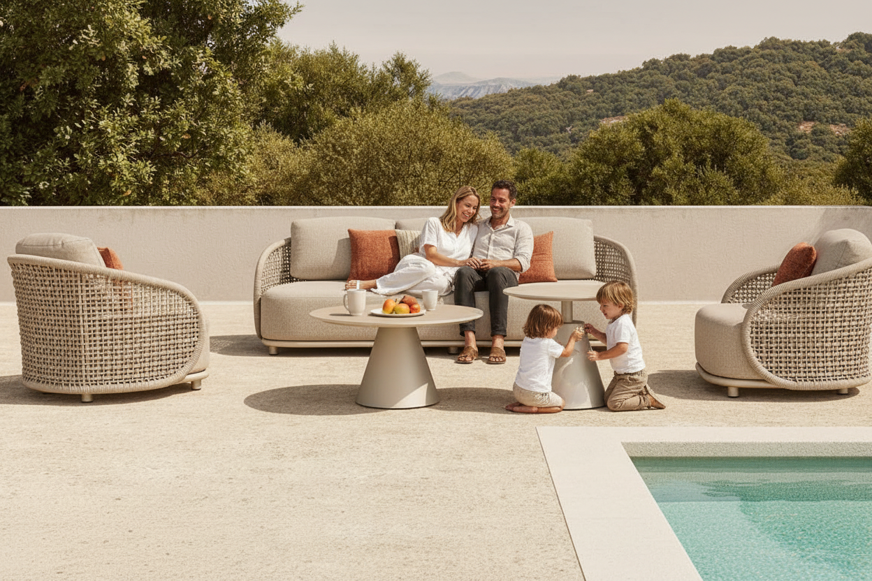 Outdoor patio set with furniture and cushions in a scenic setting.