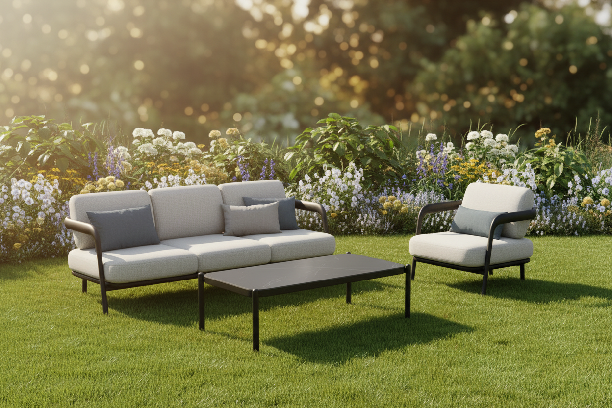 Diamond Outdoor Lounge furniture set with sofa, chairs, and table by a pool.