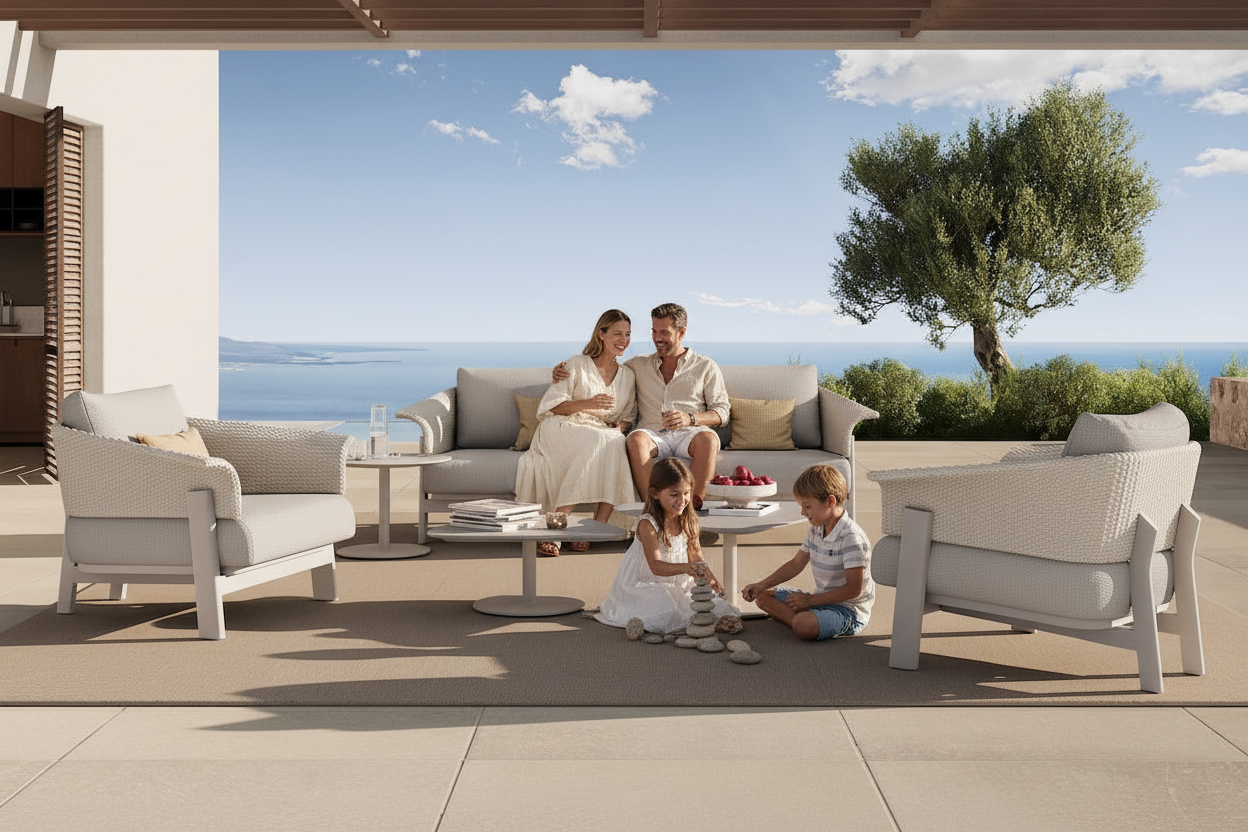 Outdoor patio set with beige furniture and a scenic view of the ocean.