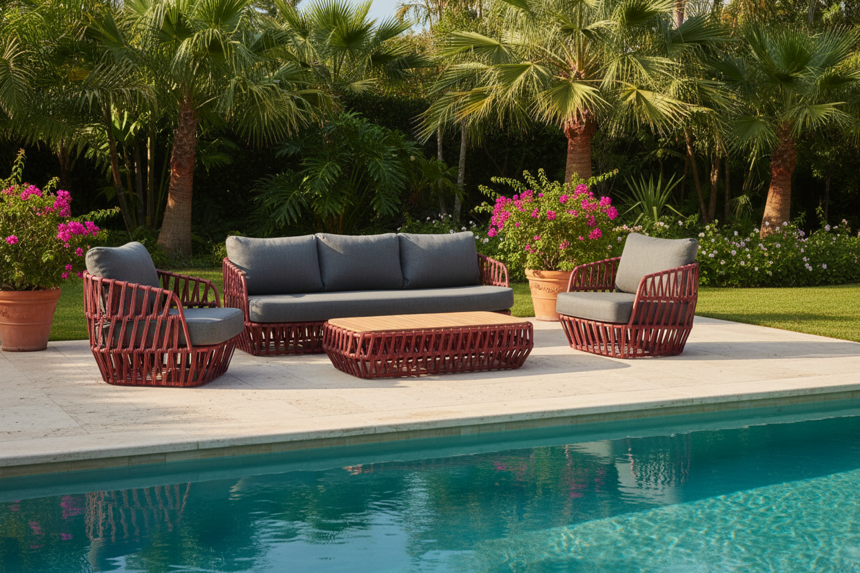 South Beach 4 Pc Outdoor Lounge Setting - Red + Dark Grey