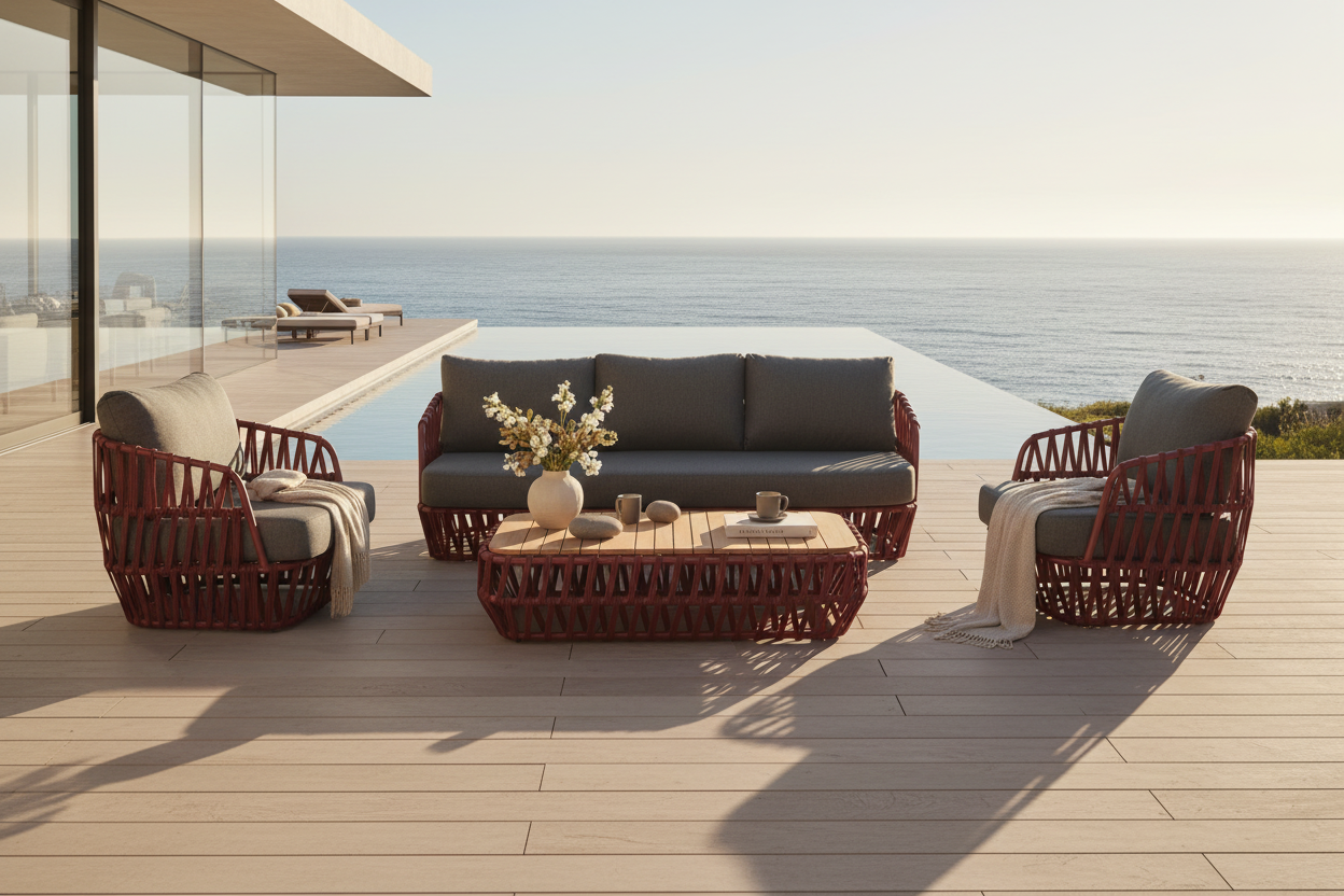 South Beach 4 Pc Outdoor Lounge Setting - Red + Dark Grey