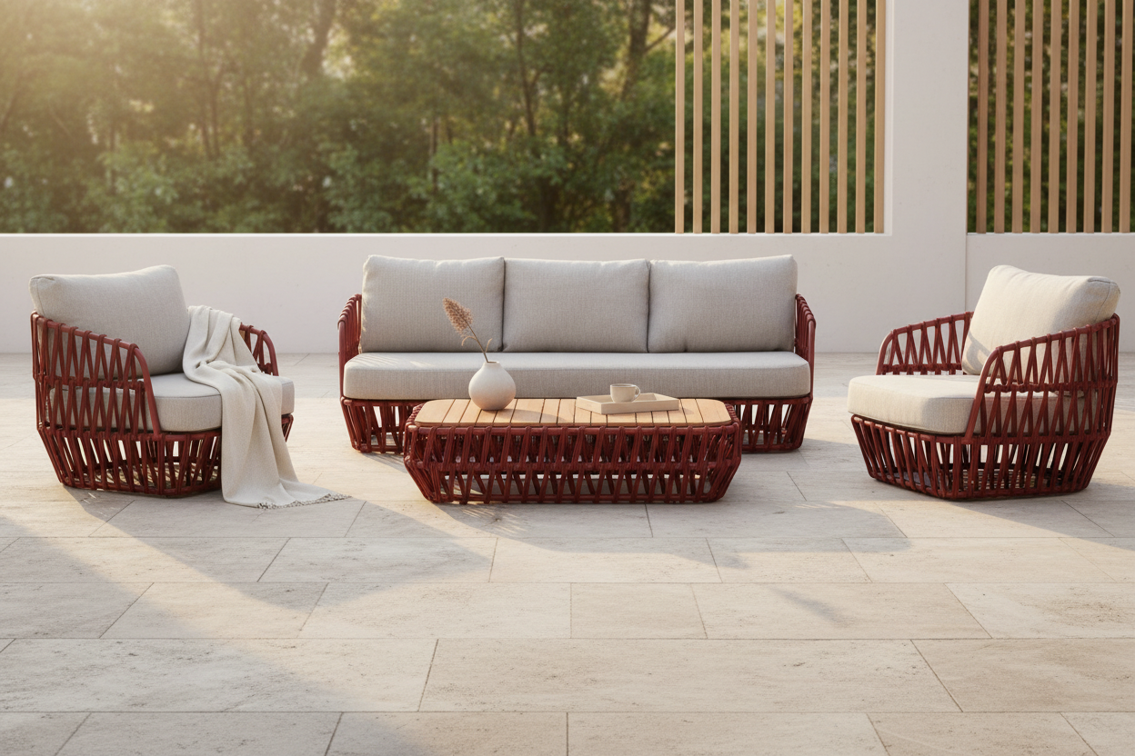 South Beach 4 Pc Outdoor Lounge Setting - Red + Light Grey