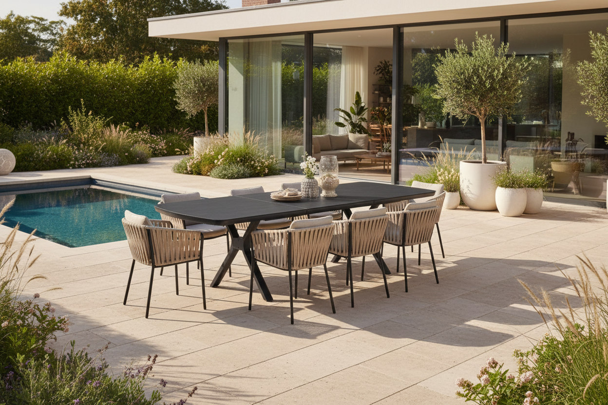 Black outdoor dining table on a white background