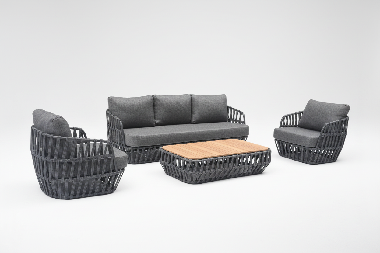 Outdoor furniture set with gray cushions and a wooden table on a white background