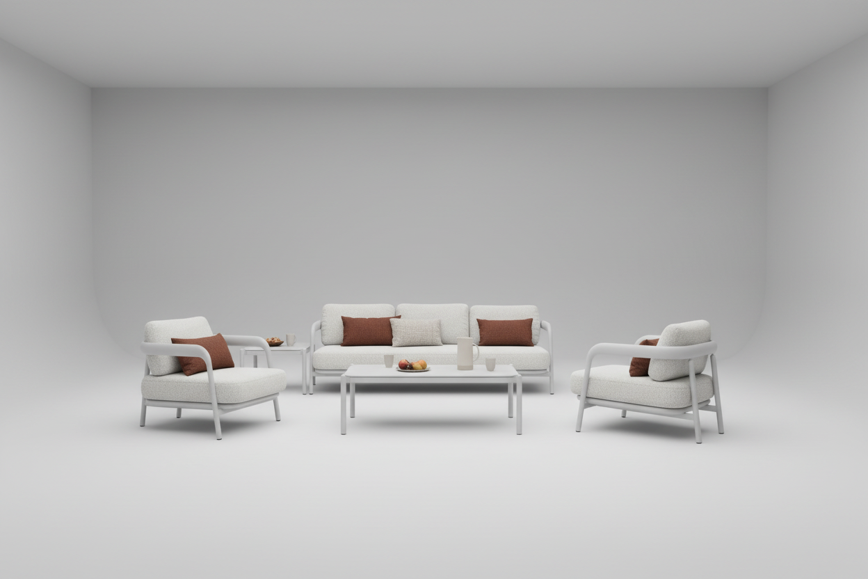 Diamond 4pc Outdoor patio set with sofa, chairs, and coffee table on a patio with pool and garden view.