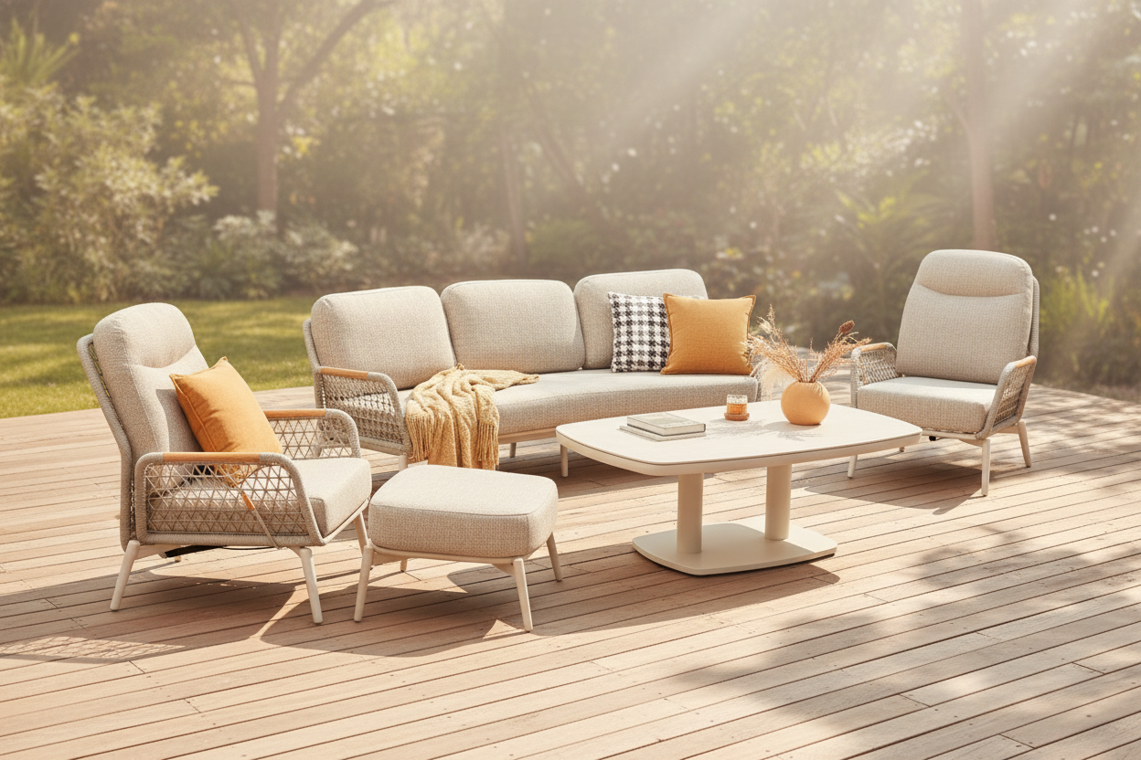 Modern living room furniture set with a sofa, chairs, and coffee table on a white background