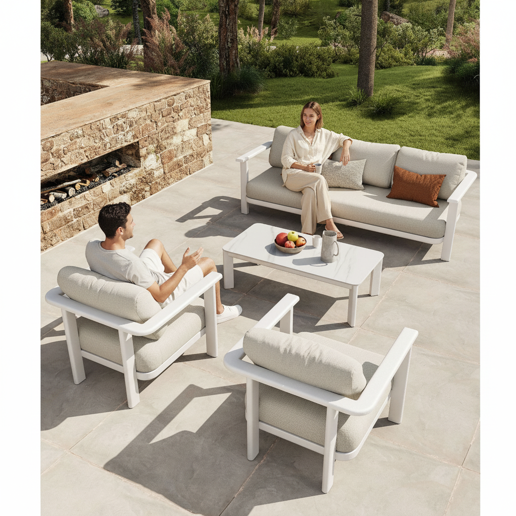 Outdoor patio set with sofa, chairs, and coffee table on a stone patio.