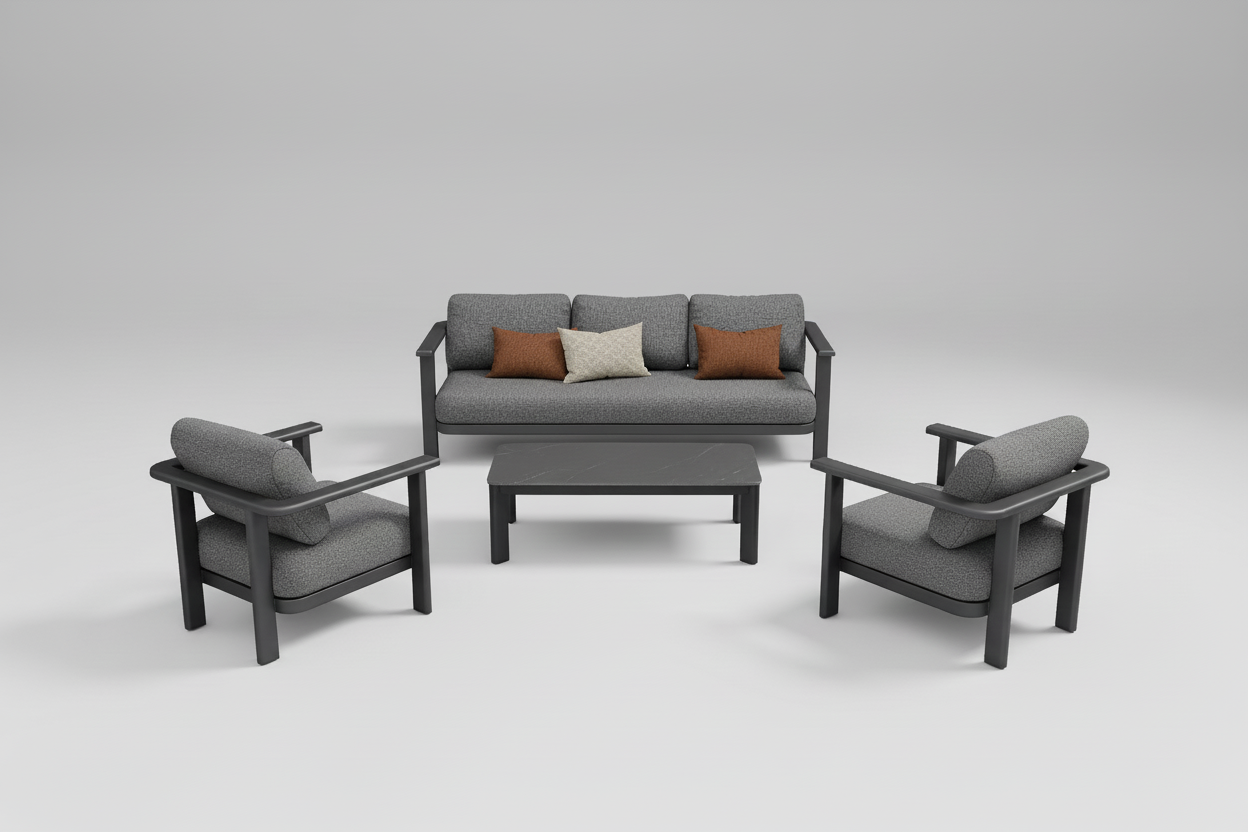 Outdoor patio set with gray sofa, armchairs, and coffee table on a stone patio.