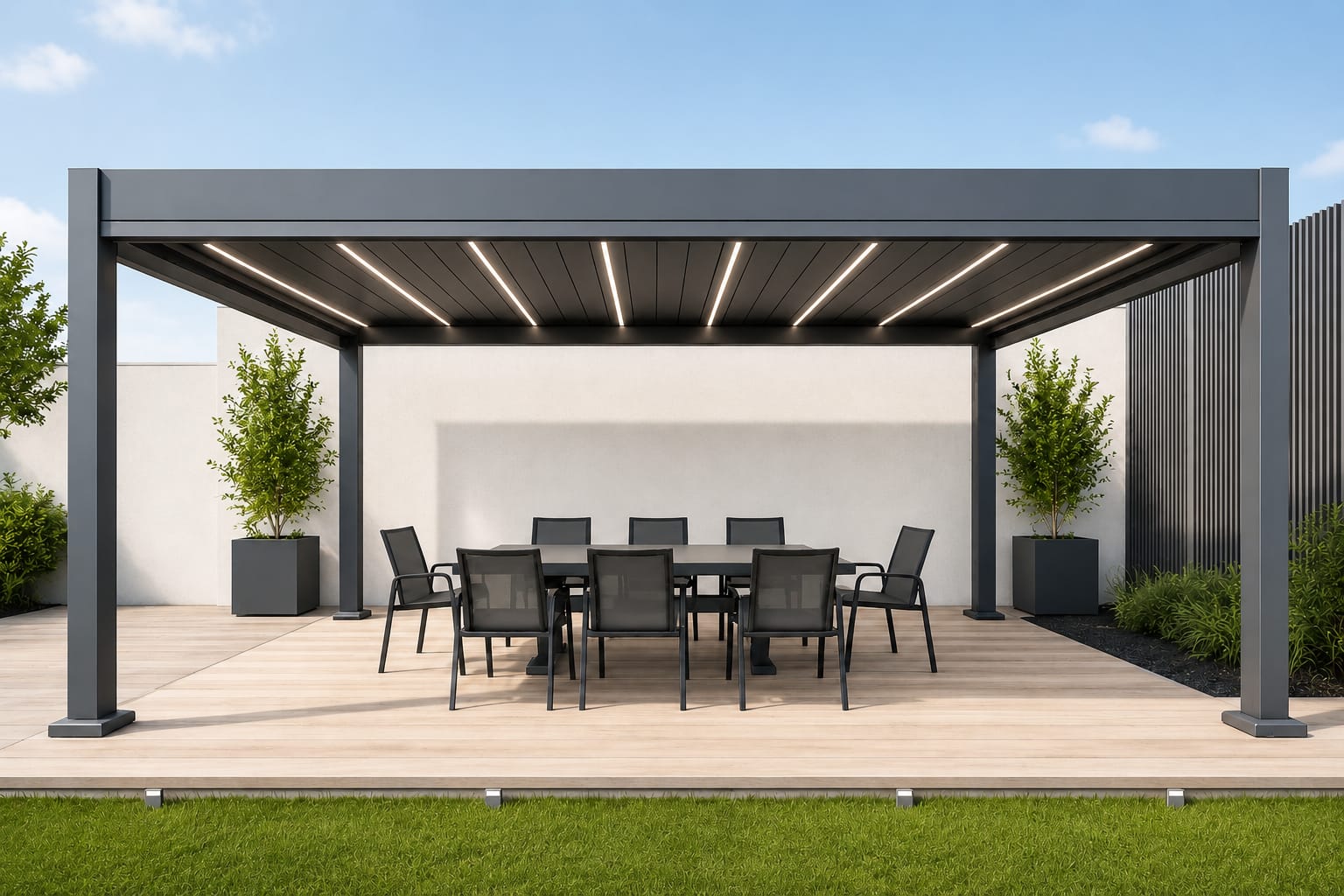 Sun Garden Special – Charcoal | Metro Fixed Dining Set + 8 Diamond Carver Chairs