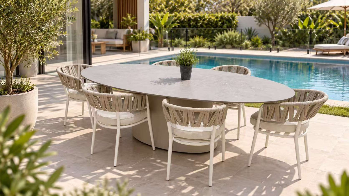 Demark dining table 7pc Kit/Set ( Table 239 x119 x75cm +6pc TT Swipe Carver Chair) - Sand
