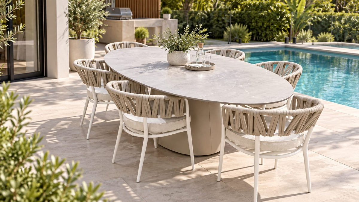 Demark dining table 7pc Kit/Set ( Table 239 x119 x75cm +6pc TT Swipe Carver Chair) - Sand