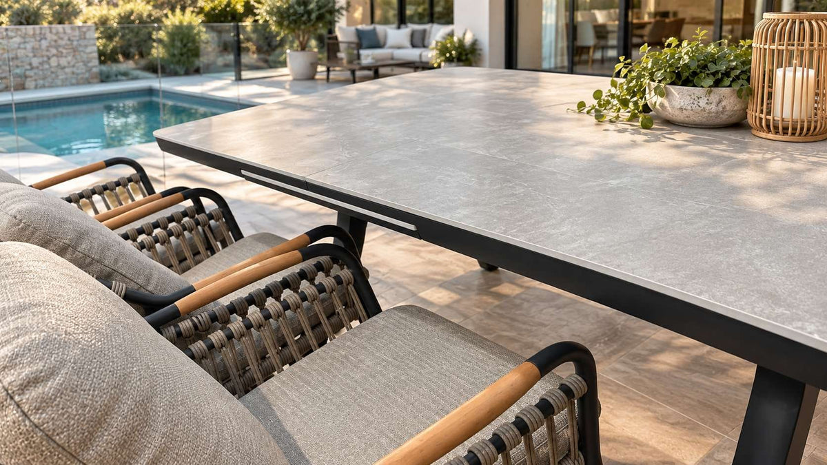 Spain Sandstone Extension Table 9pc Kit/Set (Extension Dining Table 201/261+8 Barnacle Carver Chair ) - Charcoal