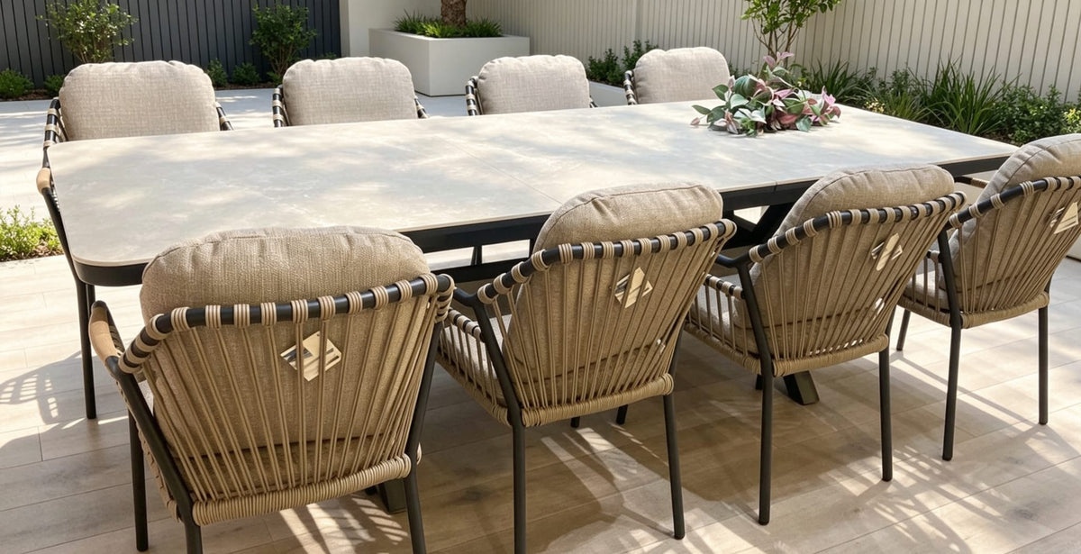 Spain Sandstone Extension Table 9pc Kit/Set (Extension Dining Table 201/261+8 Barnacle Carver Chair ) - Charcoal