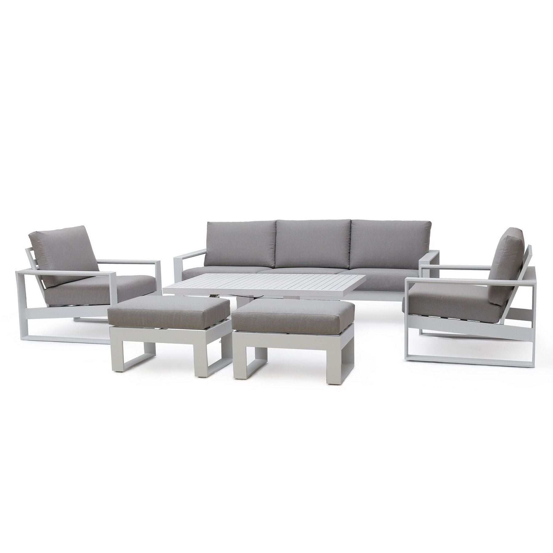Outdoor furniture set with gray cushions on a white background