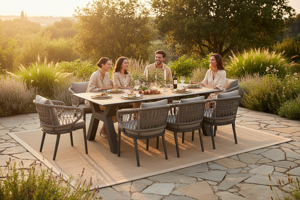 Outdoor furniture set with a large table and eight chairs on a gray background
