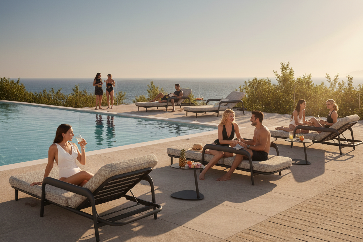 Outdoor lounge chairs by a pool with ocean view