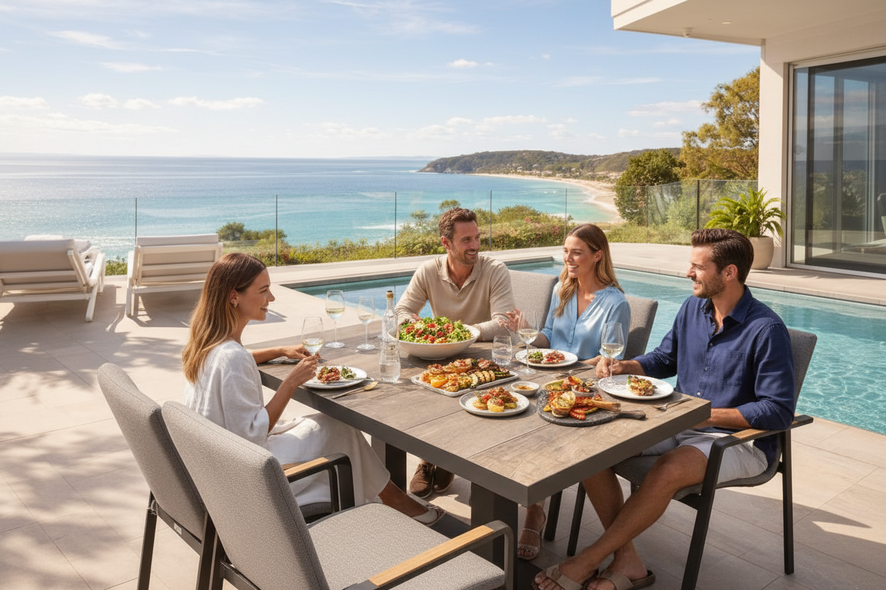 Outdoor dining set with chairs and table by a pool with ocean view
