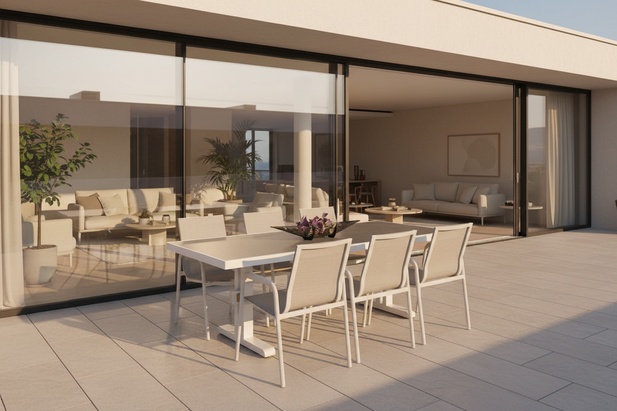 Outdoor dining table with chairs on a wooden deck