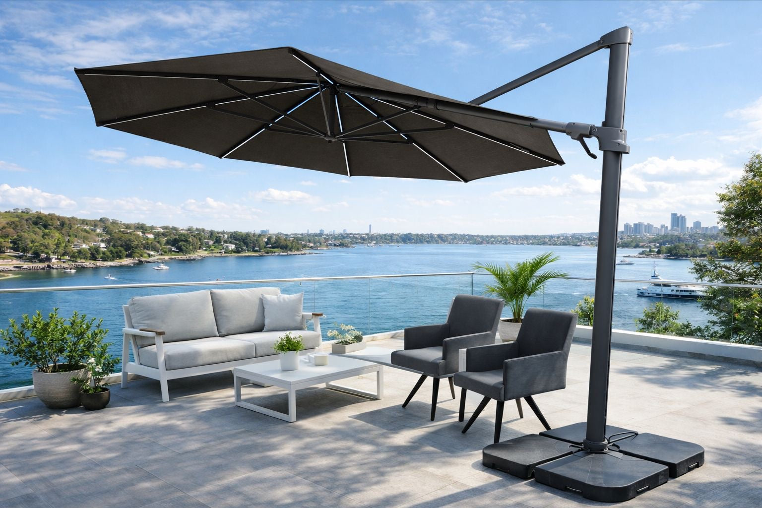 Emery 330cm Octagonal | Olefin Fabric & LED Lights & Side Tilt | Cantilever Umbrella