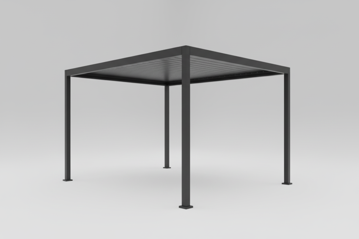 Modern patio cover with 'Alu' and 'Steel' labels, featuring a house in the background.