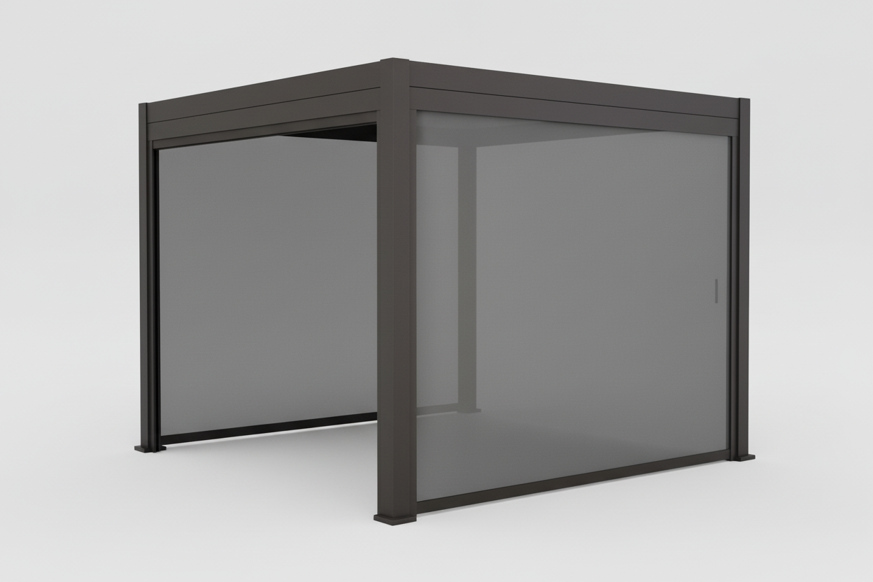 Black metal gazebo with a mesh screen on a white background